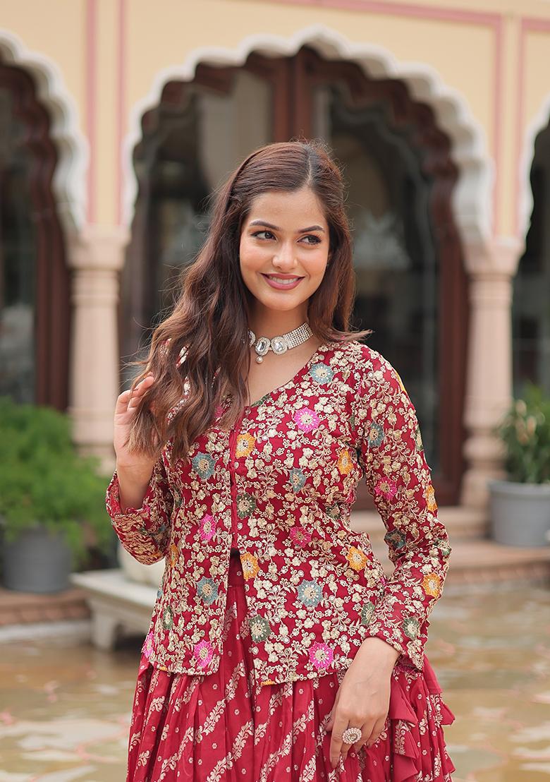 Red Sequin Embroidered Viscose Lehenga Set