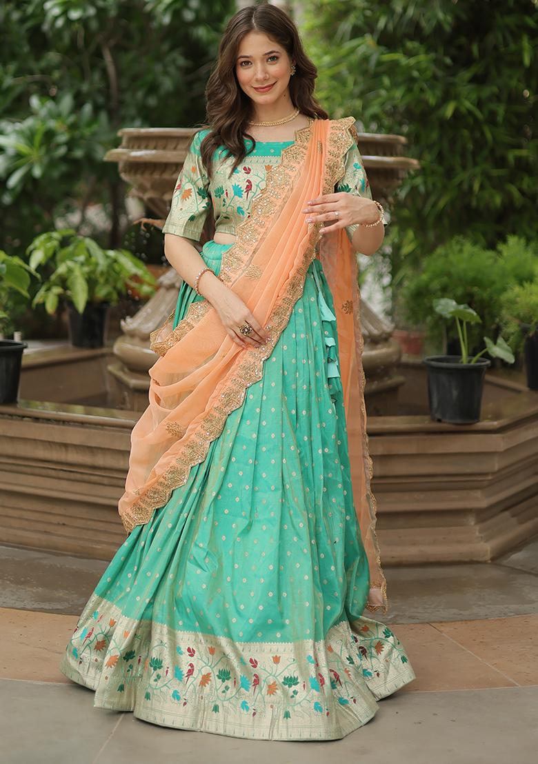 Pista Green Meenakari Work Silk Lehenga Set