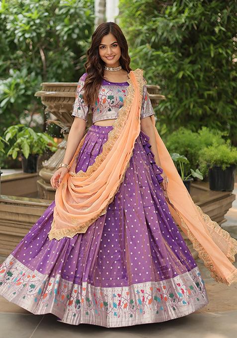 Purple Meenakari Work Silk Lehenga Set