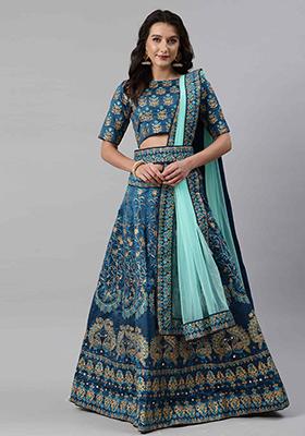 Turquoise Embroidered Silk Lehenga Set