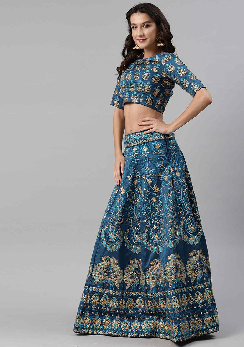 Turquoise Embroidered Silk Lehenga Set