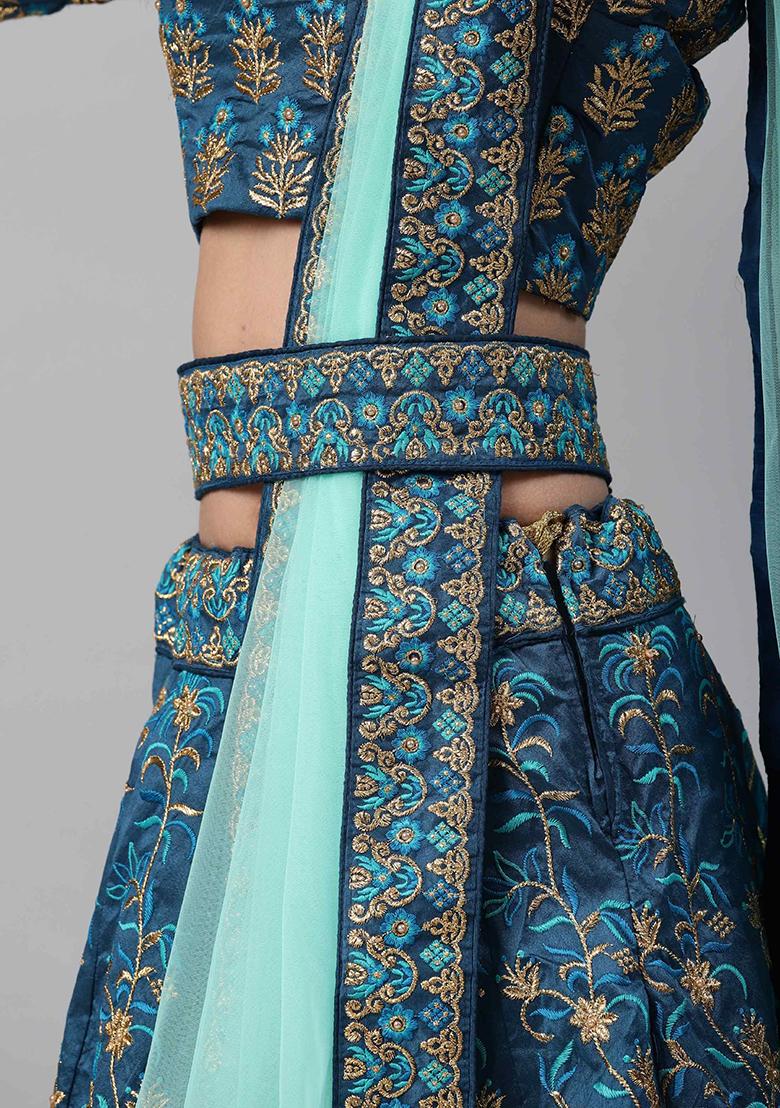 Turquoise Embroidered Silk Lehenga Set