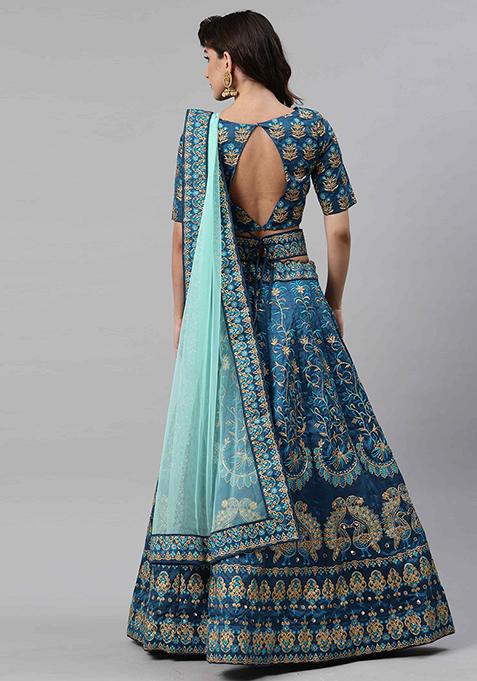 Turquoise Embroidered Silk Lehenga Set