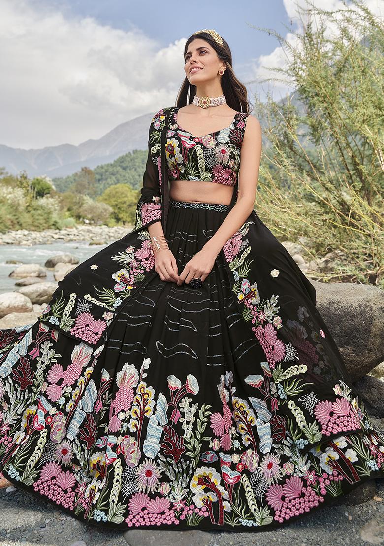 Black Embroidered Georgette Lehenga Set