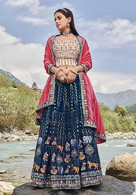 Blue Embroidered Georgette Lehenga Set