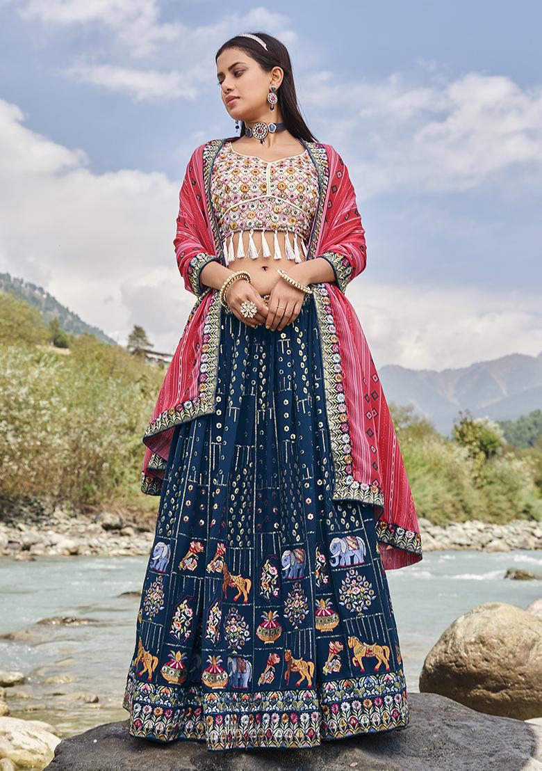 Blue Embroidered Georgette Lehenga Set