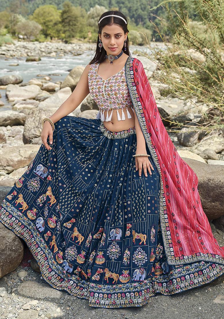 Blue Embroidered Georgette Lehenga Set