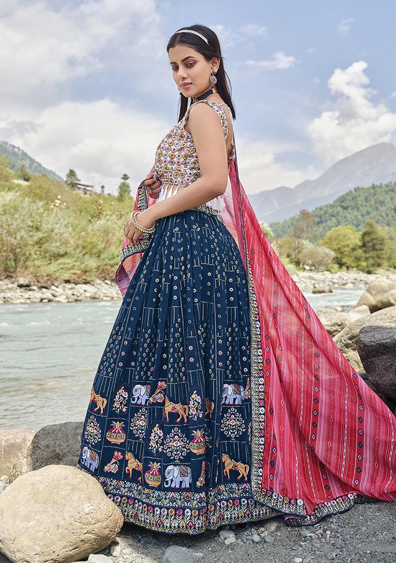 Blue Embroidered Georgette Lehenga Set