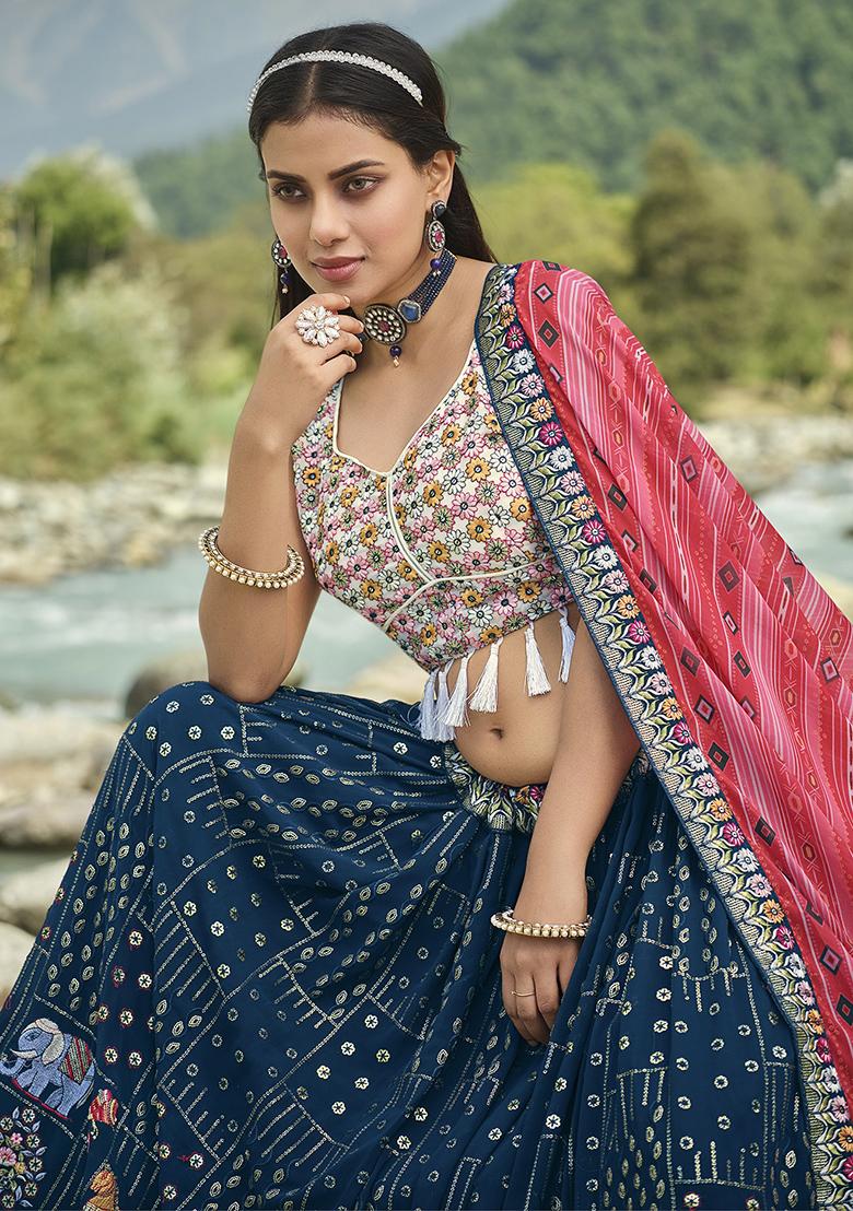 Blue Embroidered Georgette Lehenga Set