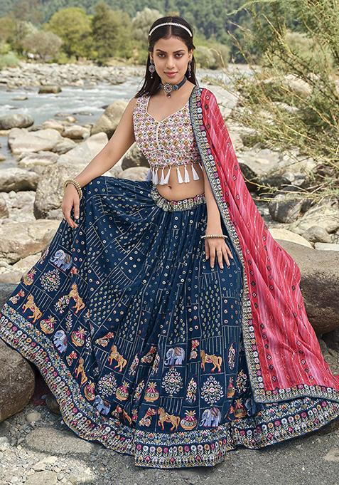 Blue Embroidered Georgette Lehenga Set