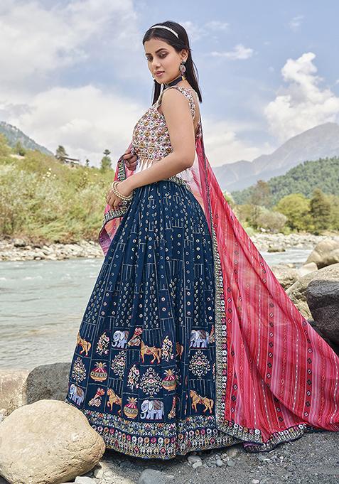 Blue Embroidered Georgette Lehenga Set