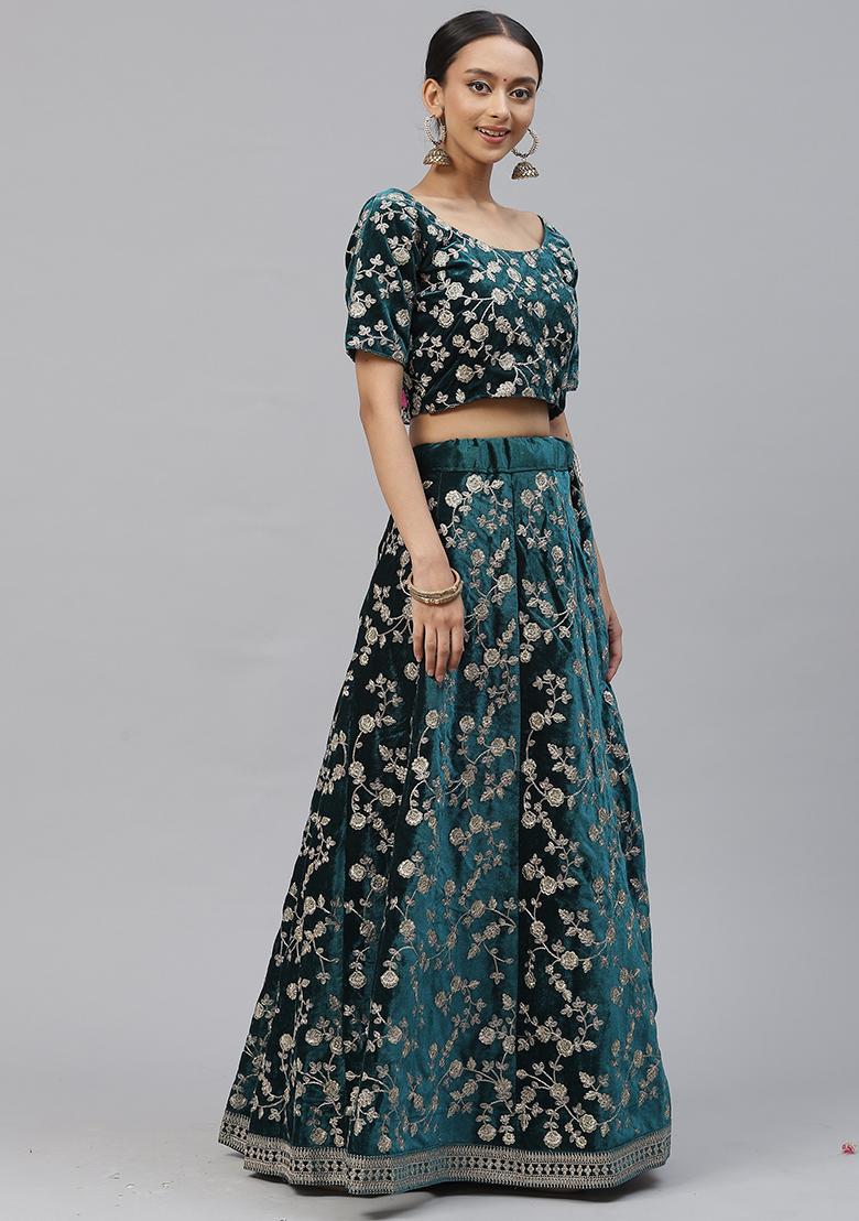 Turquoise Embroidered Velvet Lehenga Lehenga Set