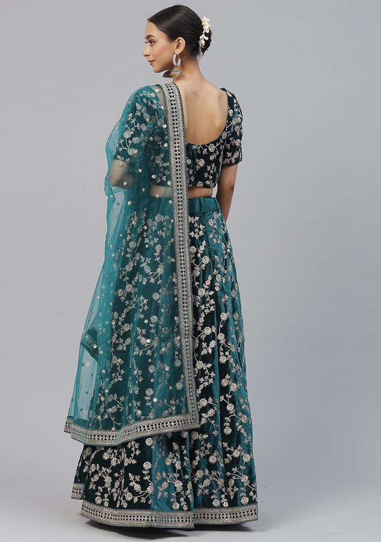 Turquoise Embroidered Velvet Lehenga Lehenga Set