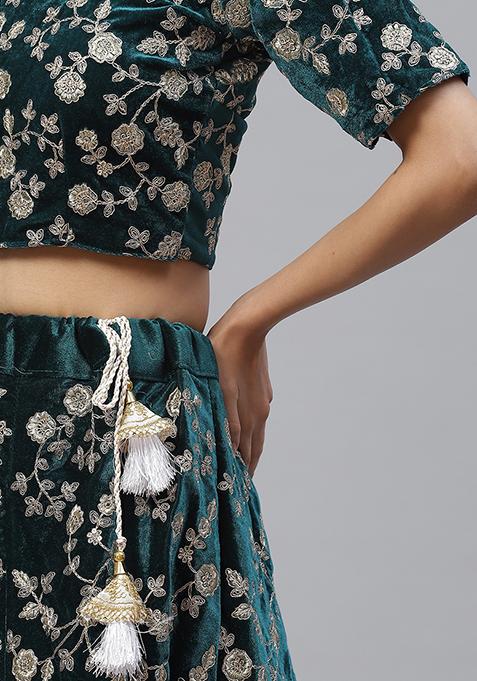 Turquoise Embroidered Velvet Lehenga Lehenga Set