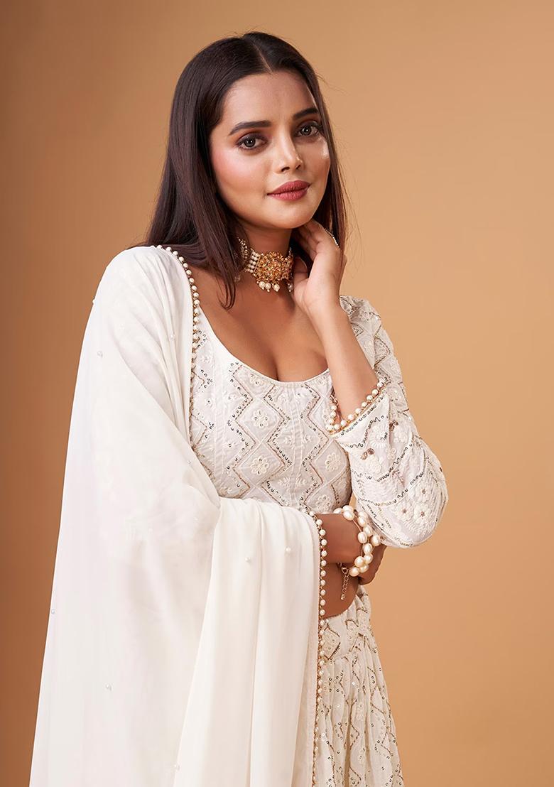 White Embroidered Georgette Lehenga Set