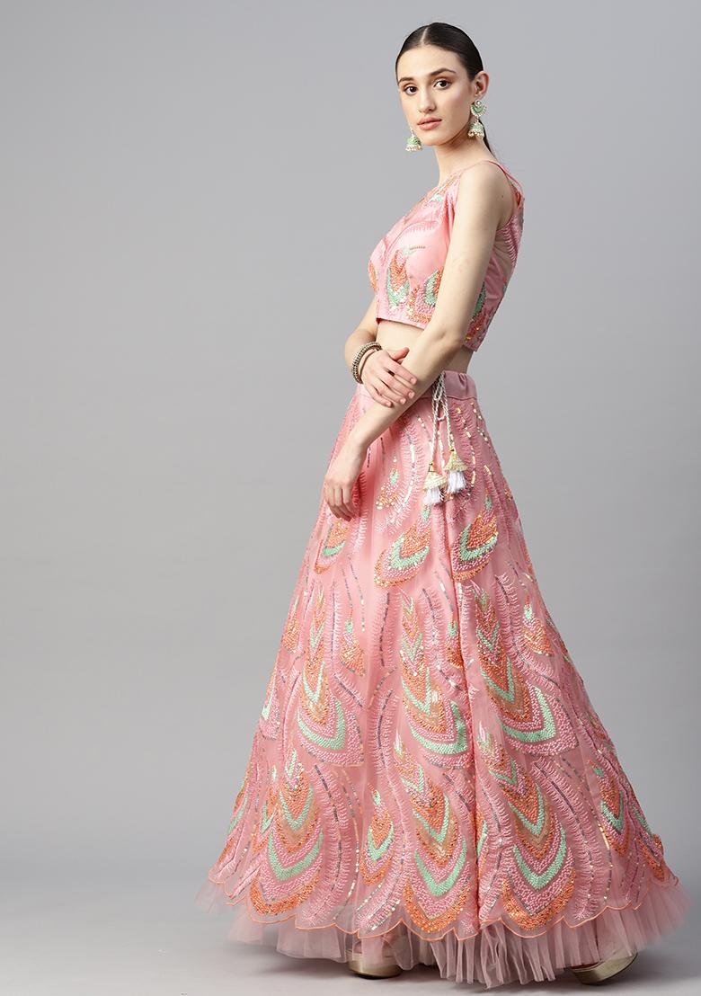 Pink Embroidered Net Lehenga Set