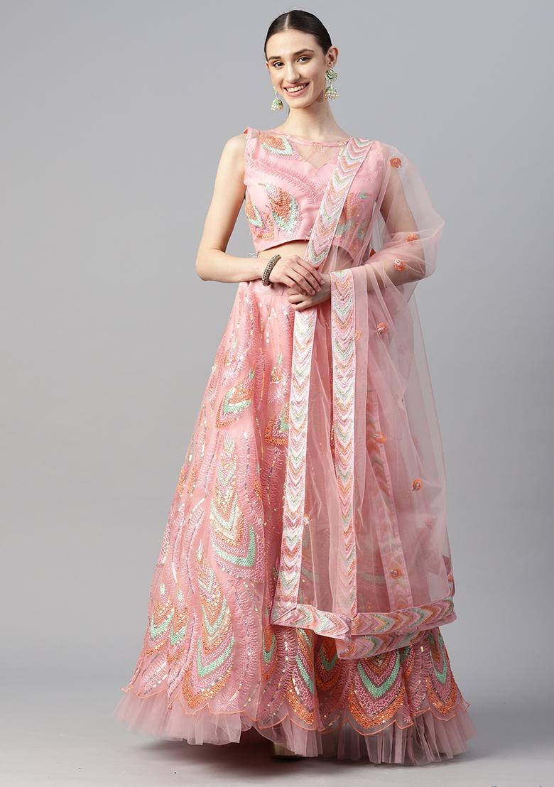 Pink Embroidered Net Lehenga Set
