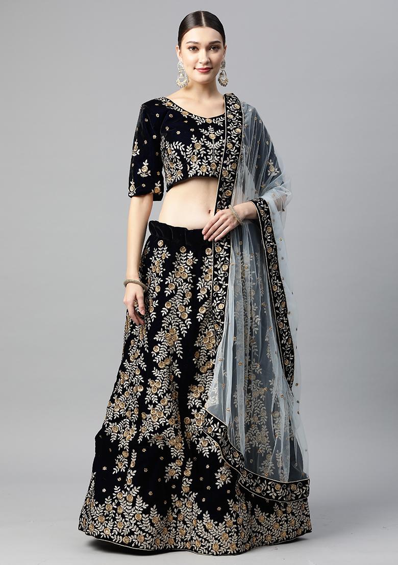 Navy Blue Zari Work Velvet Lehenga Lehenga Set