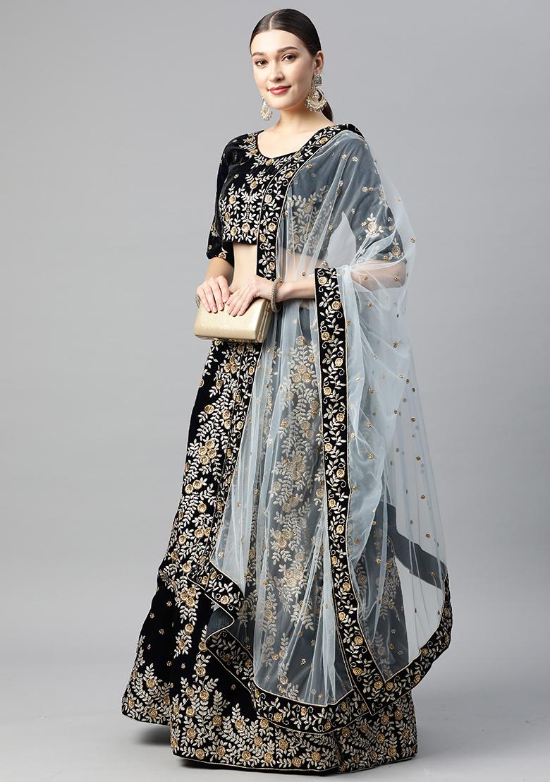 Navy Blue Zari Work Velvet Lehenga Lehenga Set