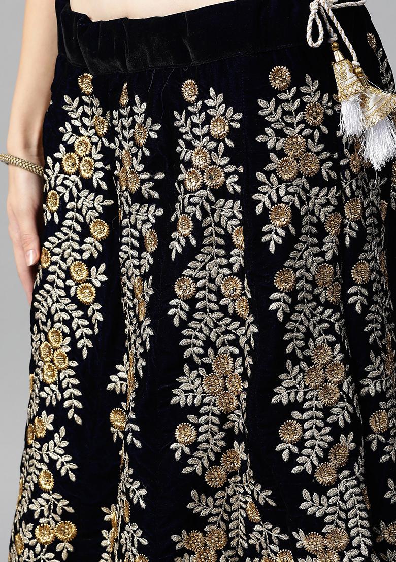 Navy Blue Zari Work Velvet Lehenga Lehenga Set