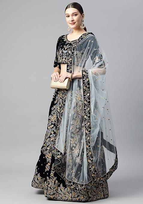 Navy Blue Zari Work Velvet Lehenga Lehenga Set