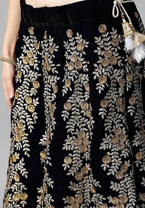Navy Blue Zari Work Velvet Lehenga Lehenga Set