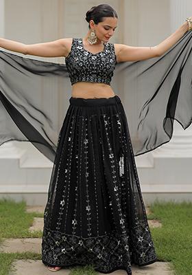 Black Embroidered Georgette Lehenga Set