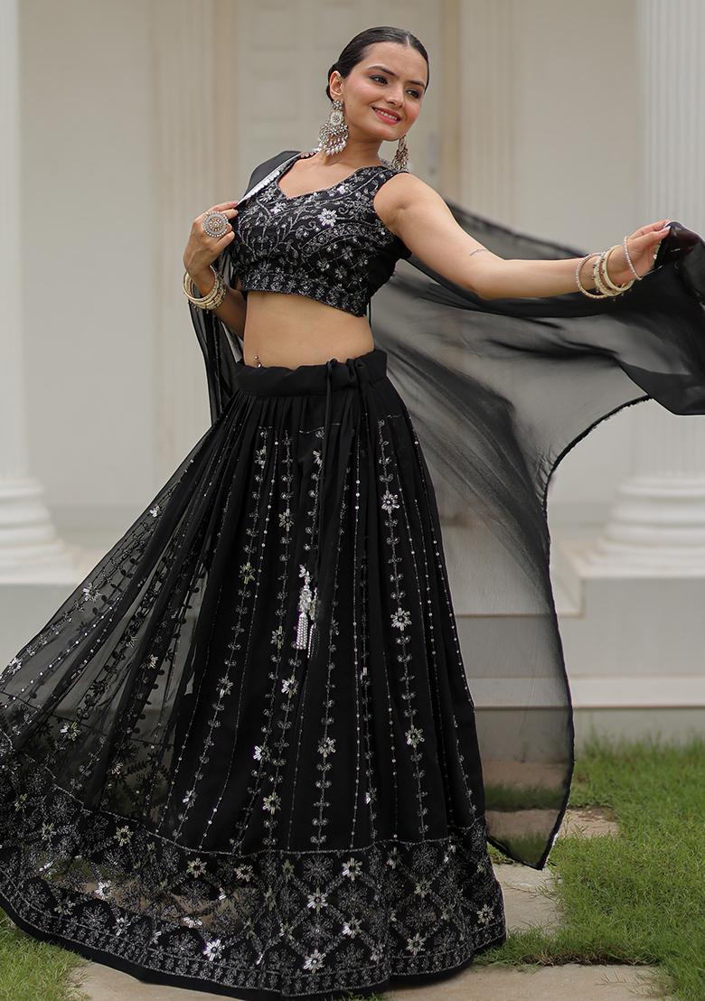 Black Embroidered Georgette Lehenga Set