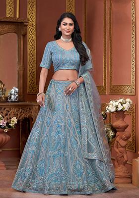 Sky Blue Zarkan Work Net Lehenga Set