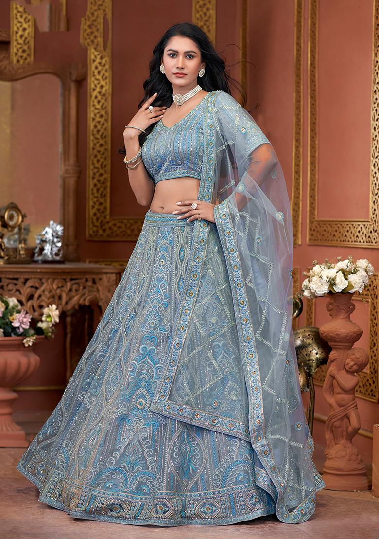 Sky Blue Zarkan Work Net Lehenga Set
