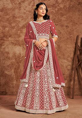 Coral Embroidered Georgette Lehenga Set