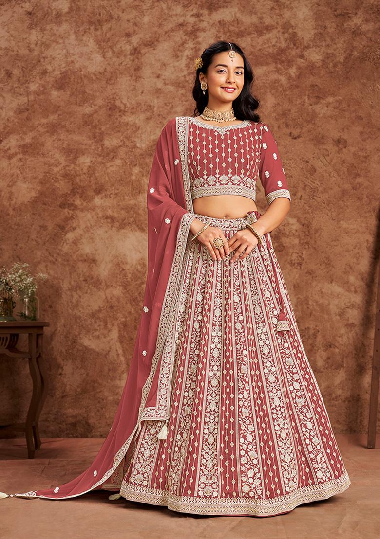 Coral Embroidered Georgette Lehenga Set