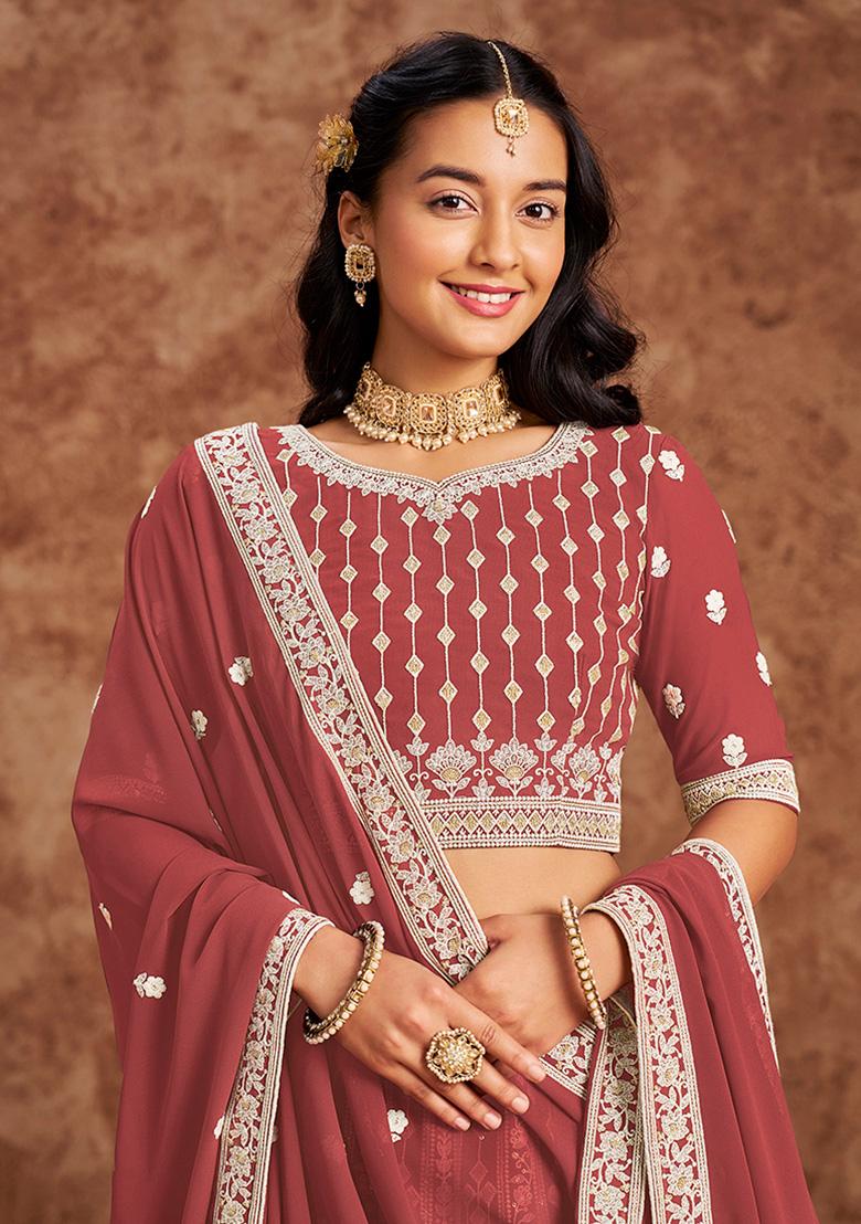 Coral Embroidered Georgette Lehenga Set