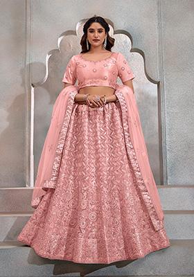 Peach Embroidered Net Lehenga Set