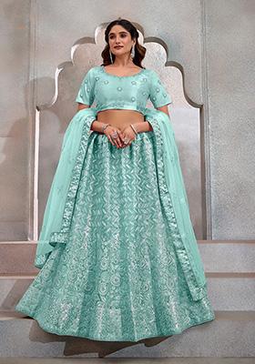 Turquoise Embroidered Net Lehenga Set