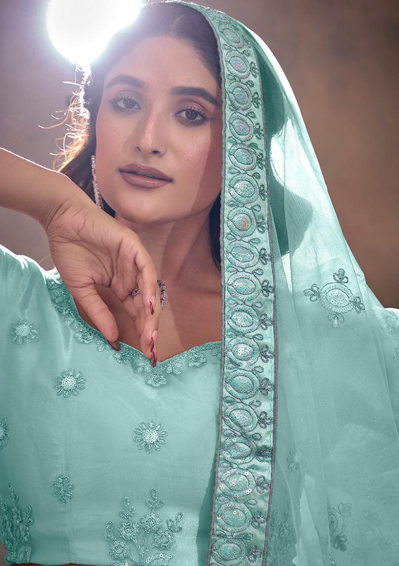 Turquoise Embroidered Net Lehenga Set
