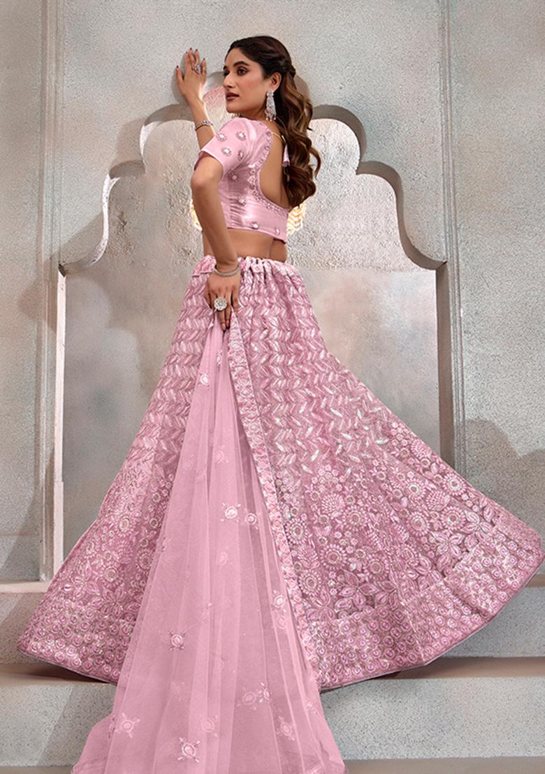 Light Pink Embroidered Net Lehenga Set