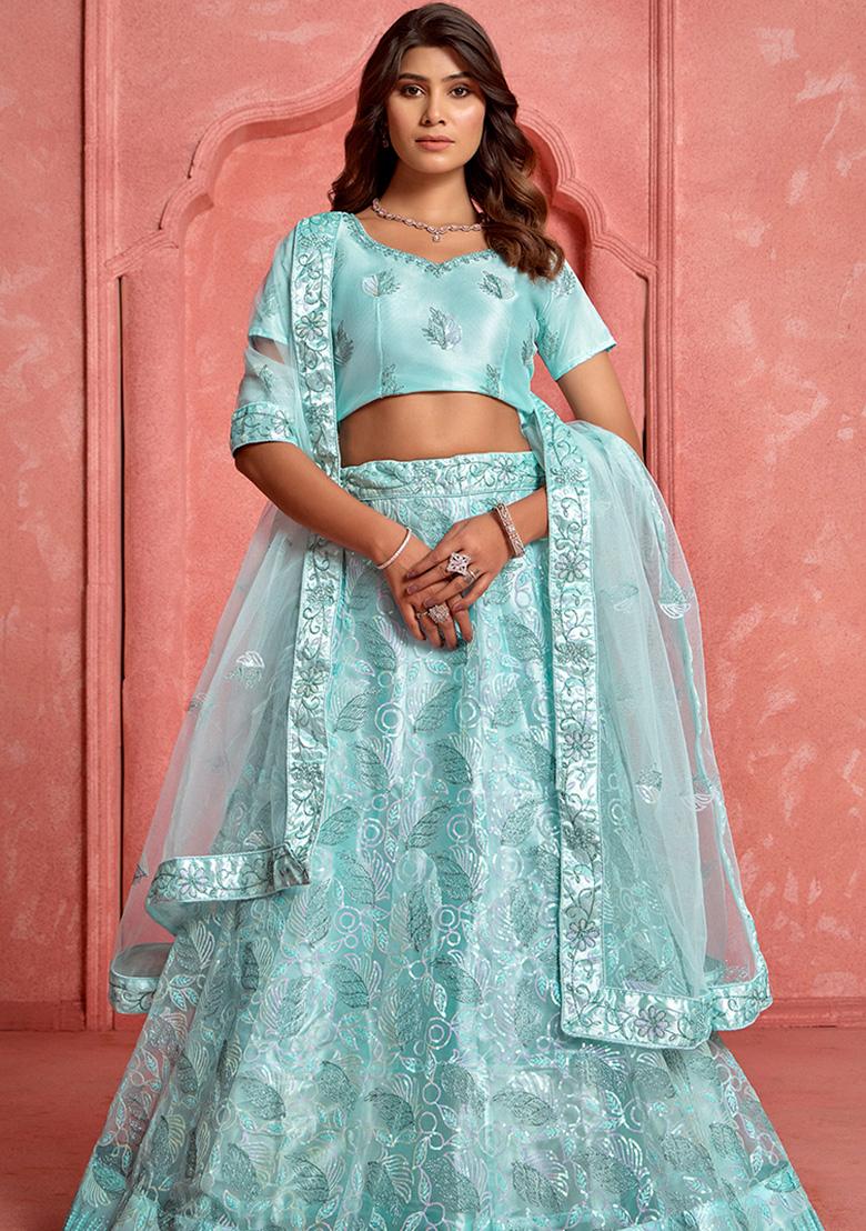 Blue Embroidered Net Lehenga Set