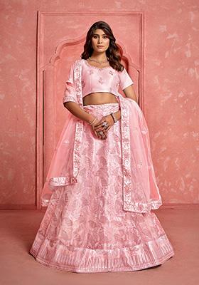 Peach Embroidered Net Lehenga Set