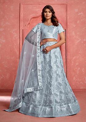 Grey Embroidered Net Lehenga Set
