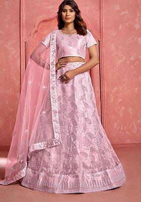 Pink Embroidered Net Lehenga Set