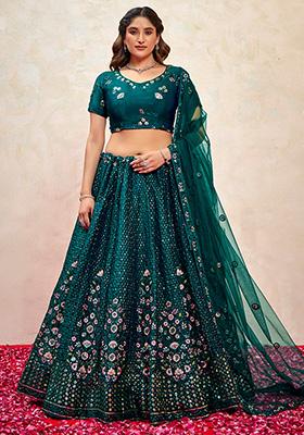 Teal Green Embroidered Silk Lehenga Set