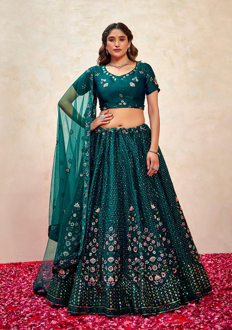 Teal Green Embroidered Silk Lehenga Set