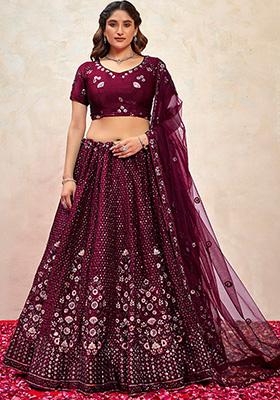 Wine Embroidered Silk Lehenga Set