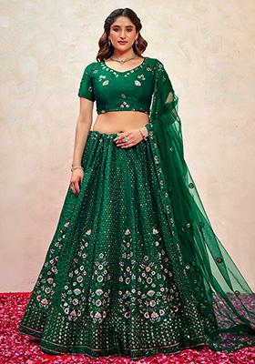 Green Embroidered Silk Lehenga Set