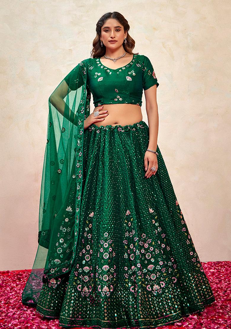 Green Embroidered Silk Lehenga Set