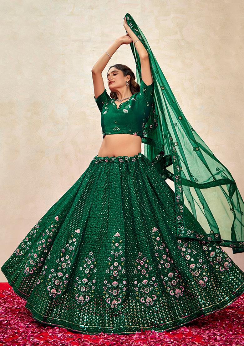 Green Embroidered Silk Lehenga Set
