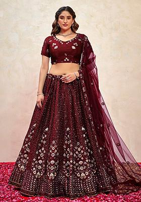 Maroon Embroidered Silk Lehenga Set