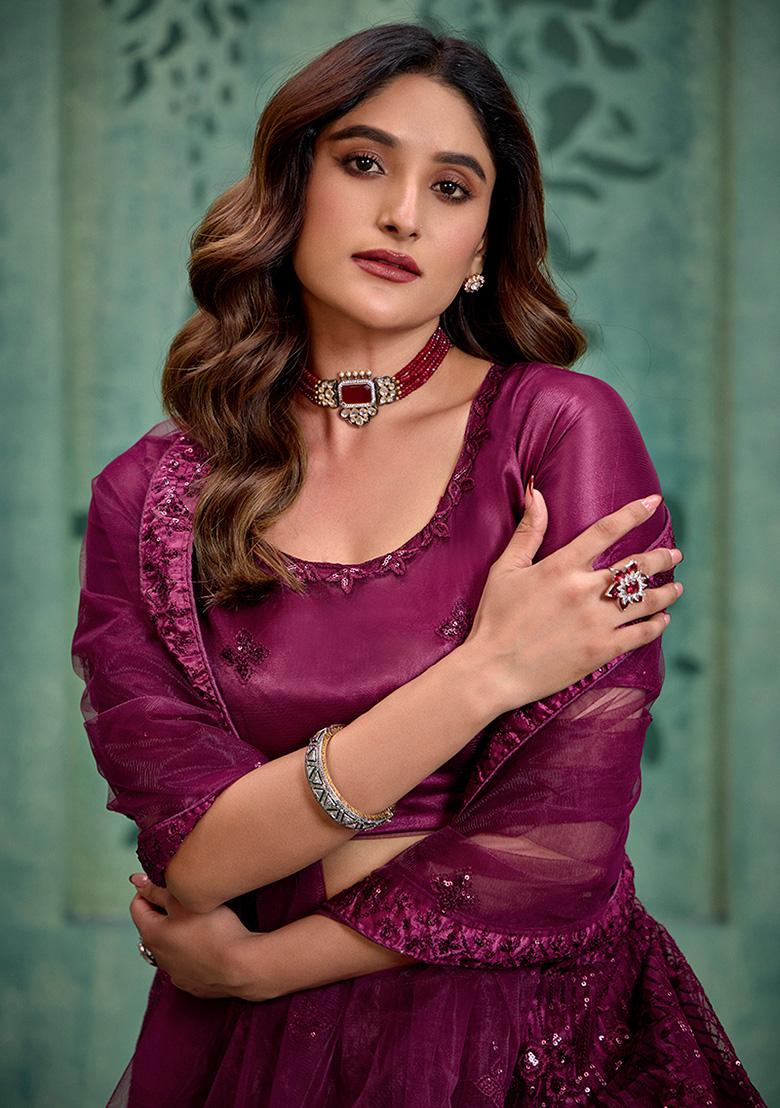 Wine Embroidered net Lehenga Set