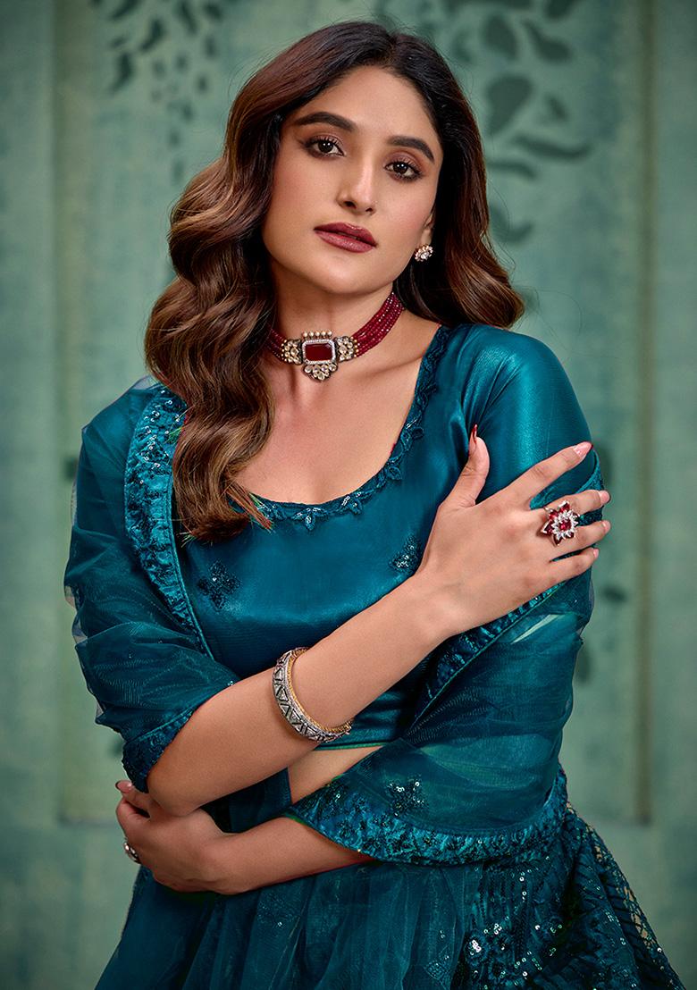 Teal Blue Embroidered net Lehenga Set